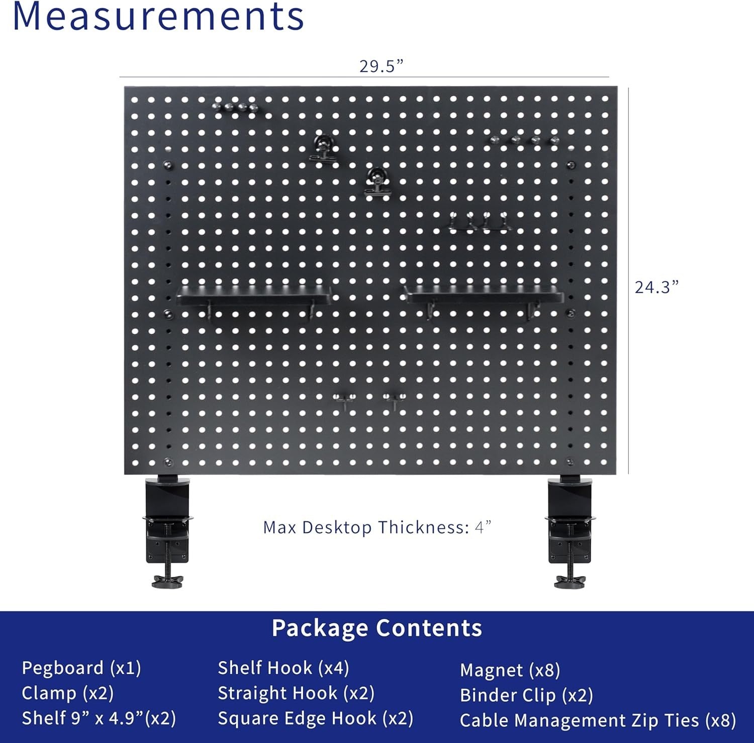 Clamp-On Steel Desk Pegboard 76×61cm Magnetic Organizer Panel Black