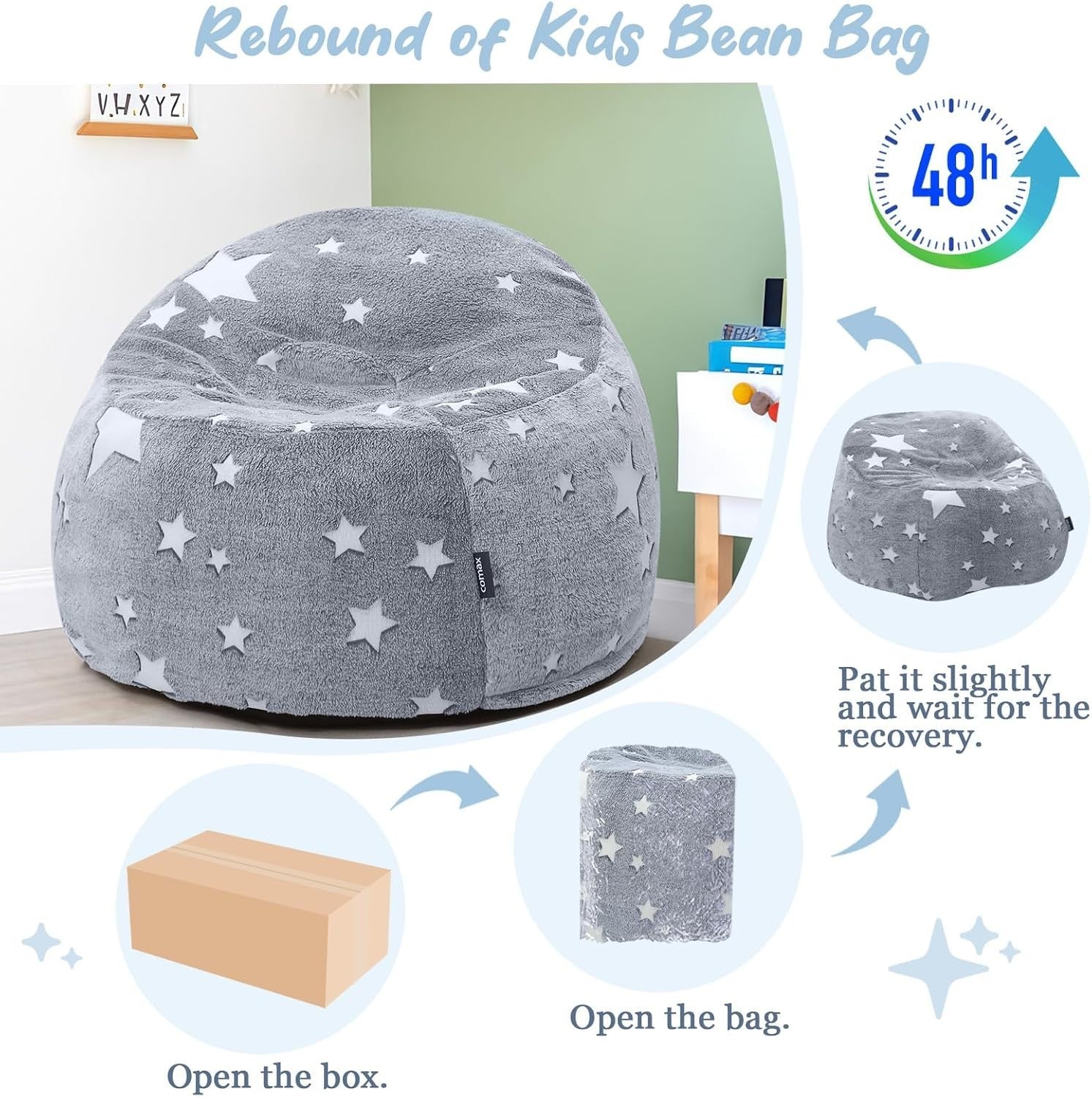 Kids Bean Bag Chair - Glow in the Dark, Soft, Comfortable, 70x70x52cm