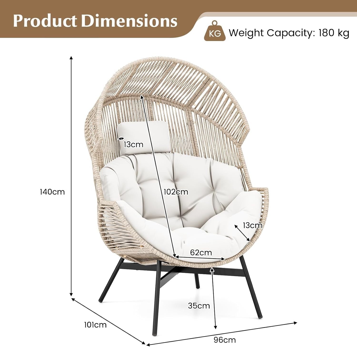 Oversized Rattan Egg Chair Freestanding Cushioned Teardrop Lounge Seat