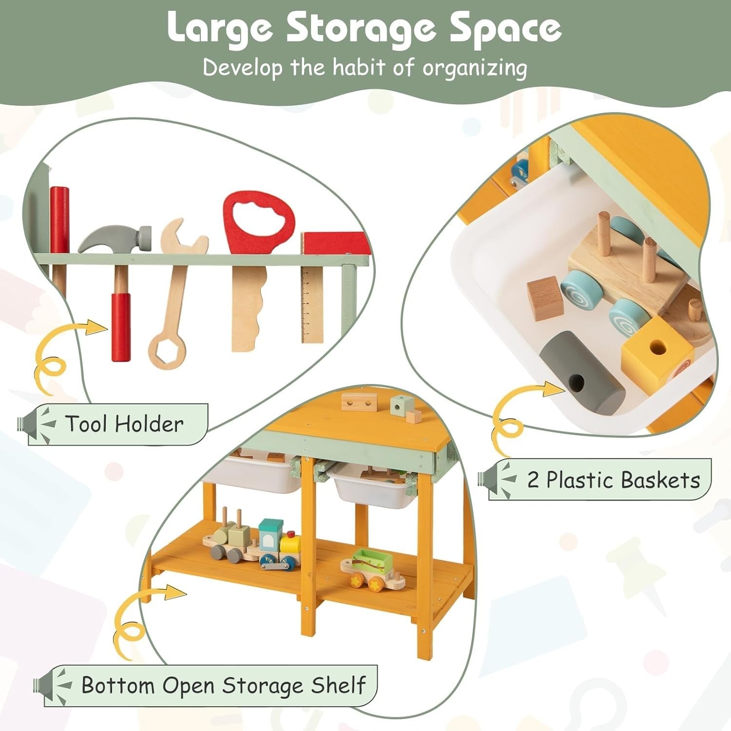 Wooden Kids Workbench Tool Set w/ Chalkboard Baskets Storage Pretend Play