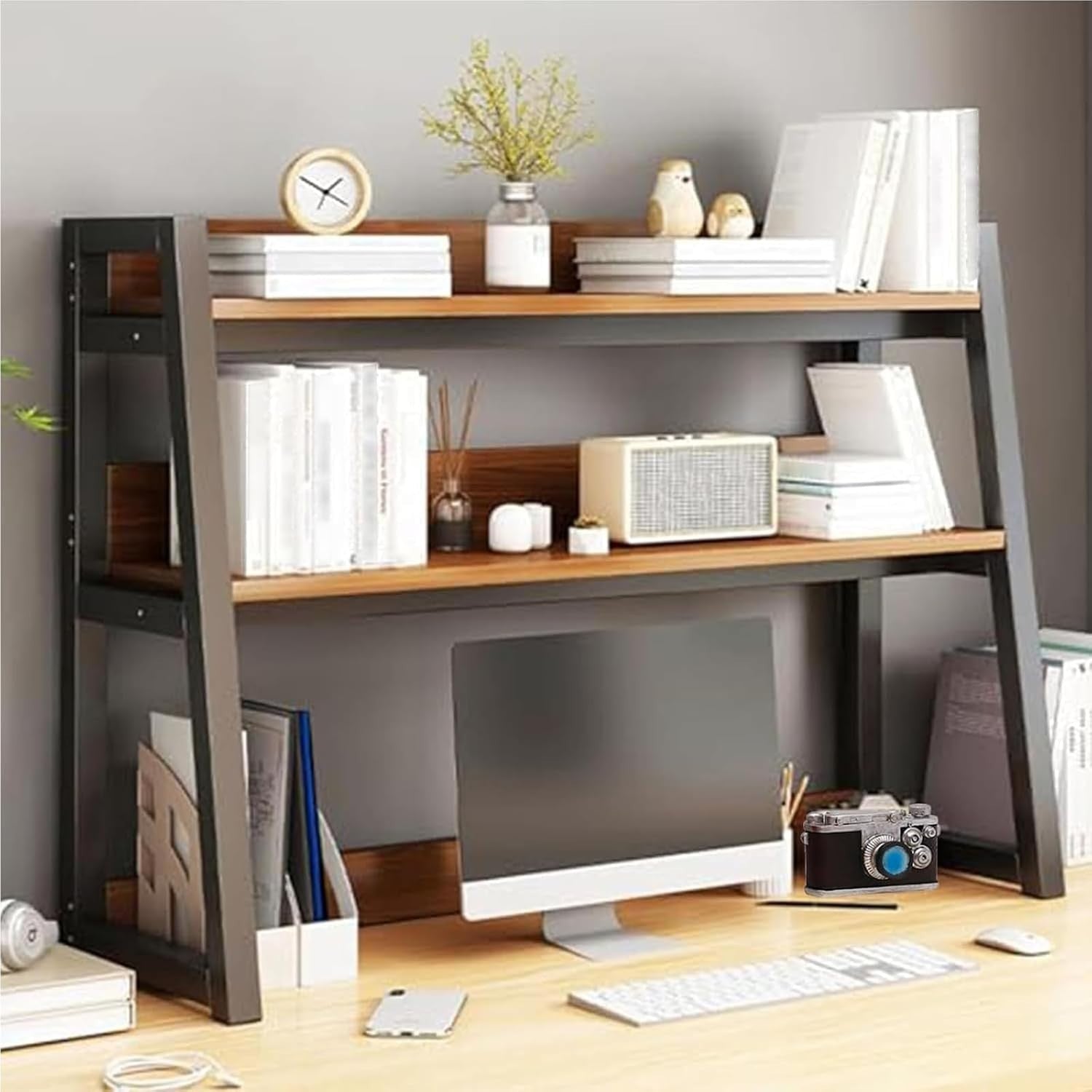 2-Tier Desktop Hutch Shelf Metal/MDF Storage Rack Organizer 95cm for Home Office