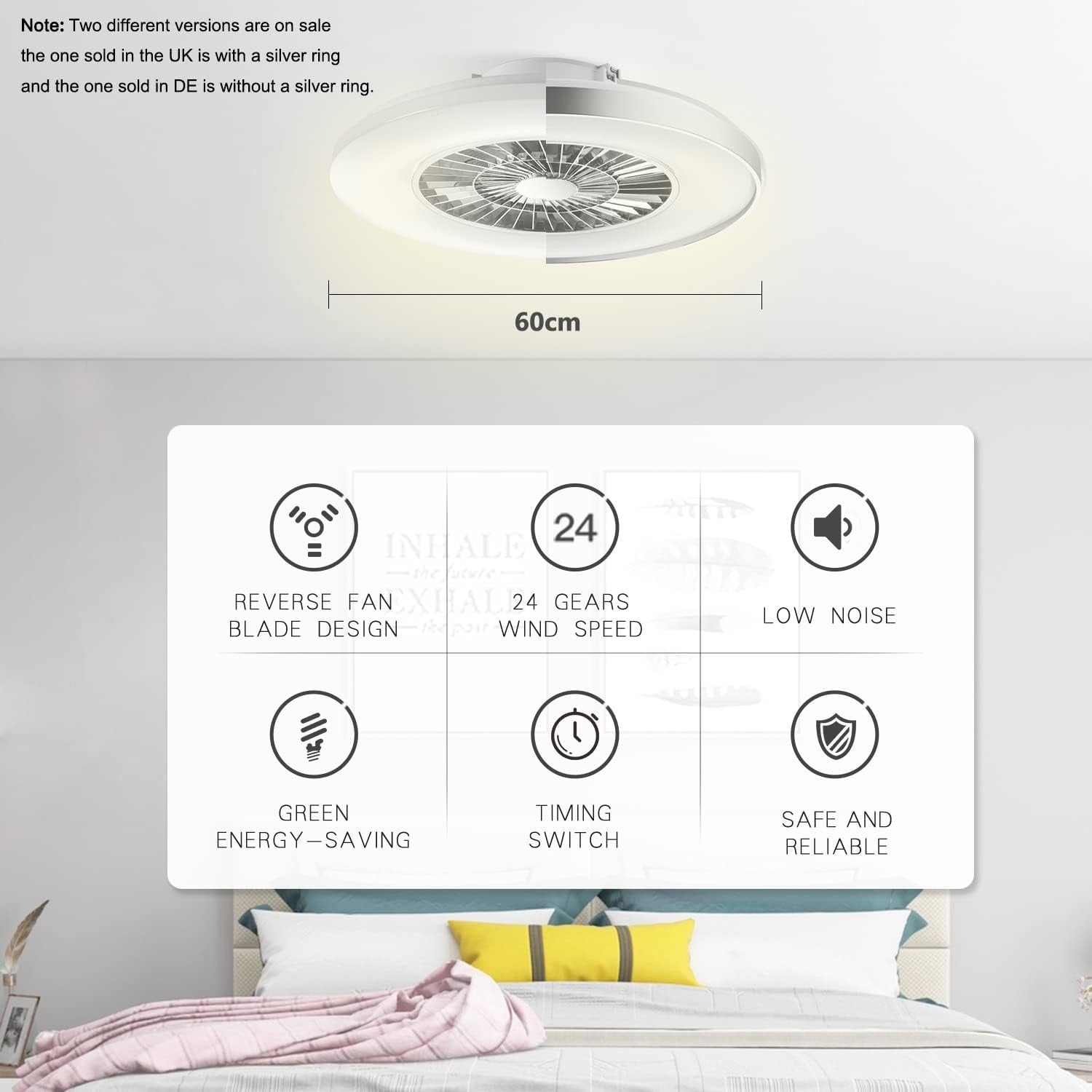 60CM LED Ceiling Light with Fan, 24 Wind Speeds, Dimmable 3000-5500K