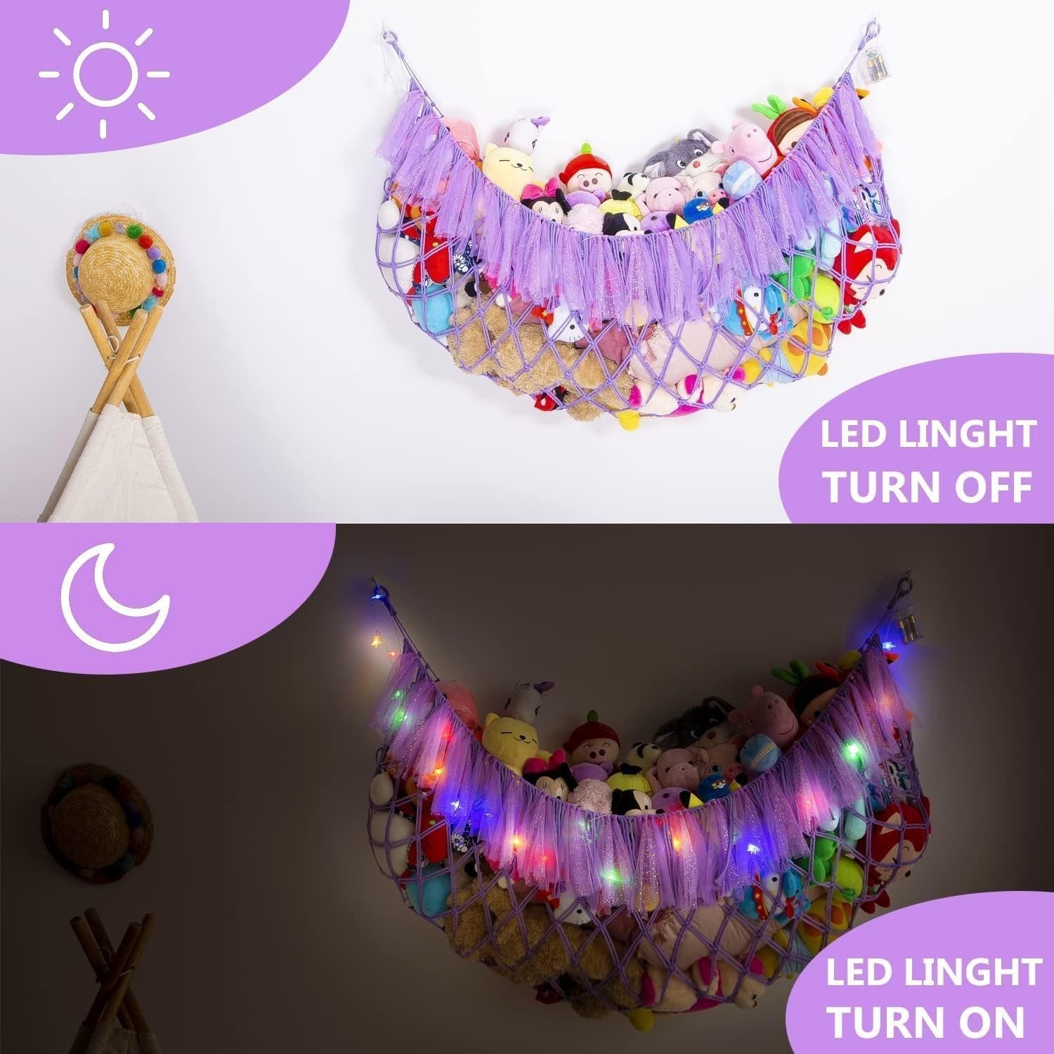 Purple Macrame Toy Hammock with LED Lights – Plush Animal Storage Net