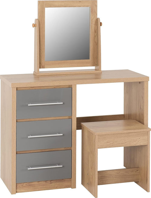 Grey High Gloss Dressing Table Set 3 Drawer Mirror Stool Light Oak Effect Veneer