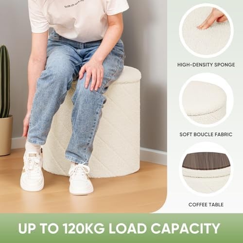 White Round Storage Ottoman Footstool 3-in-1 Seat with Lid 43x43x45cm