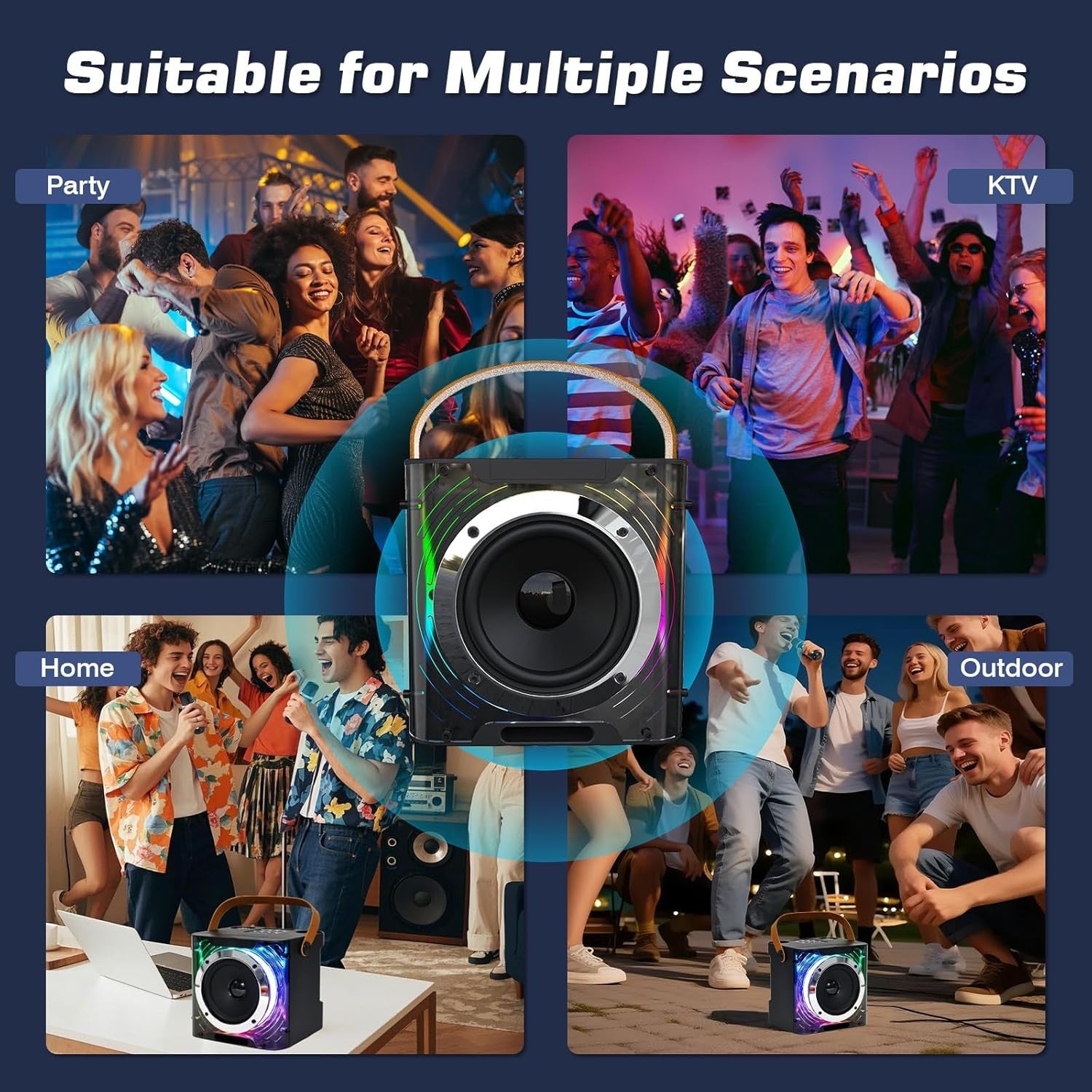 Portable Bluetooth Karaoke Machine with 2 Wireless Mics LED Lights