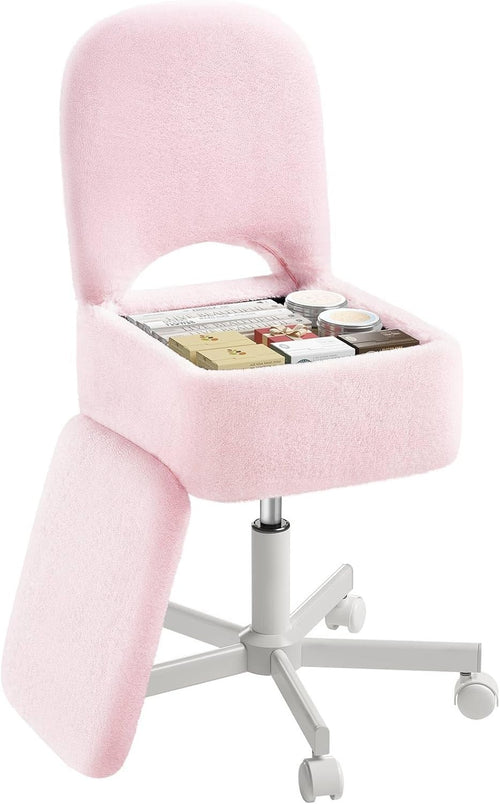 Pink Furry Vanity Chair with Storage Swivel Adjustable Height & Wheels