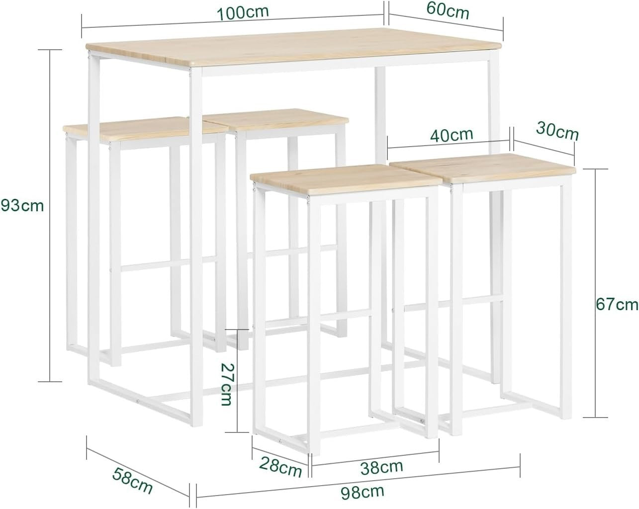 Compact Breakfast Bar Setup High Table Set 4 Stools, White & Natural 100×60cm