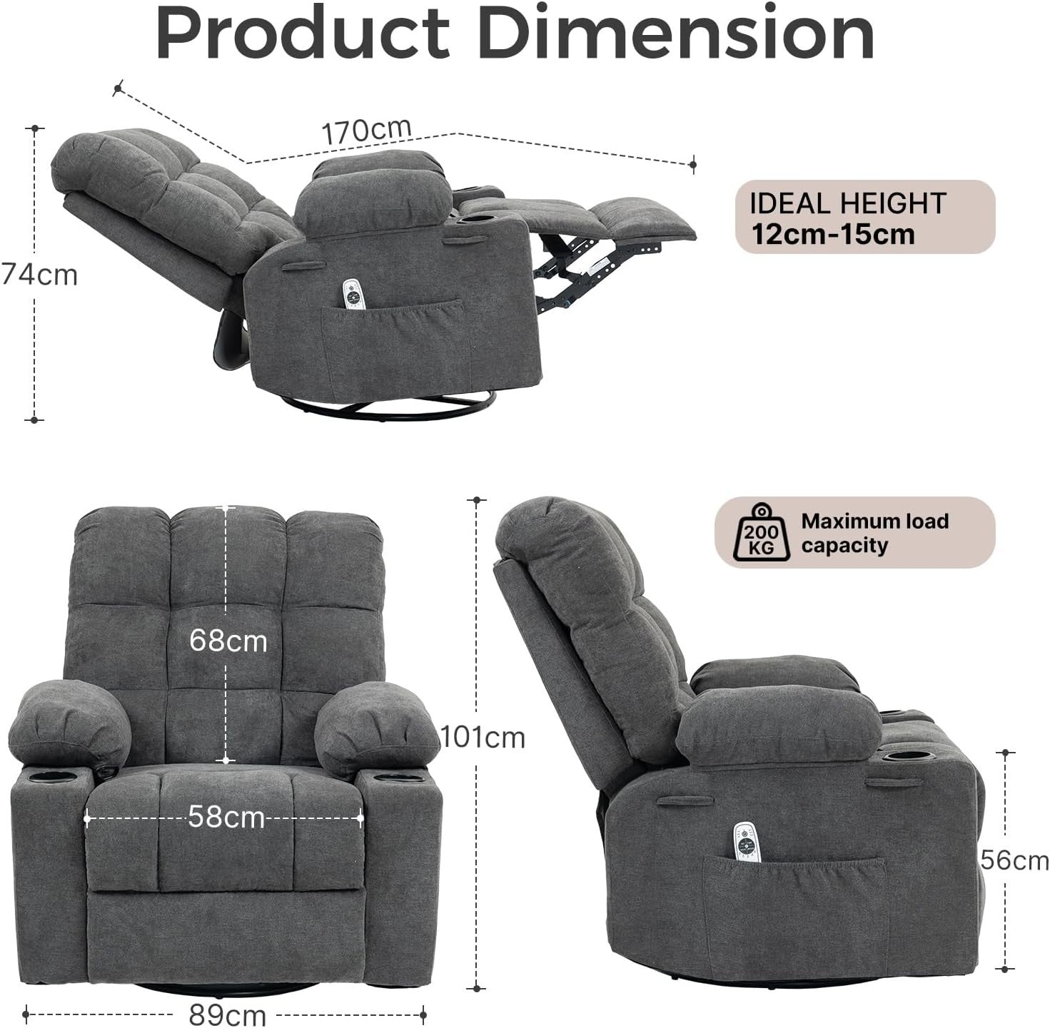 Recliner Chair Massage Heat 360° Swivel Rocking Manual Footrest Cup Holders Grey