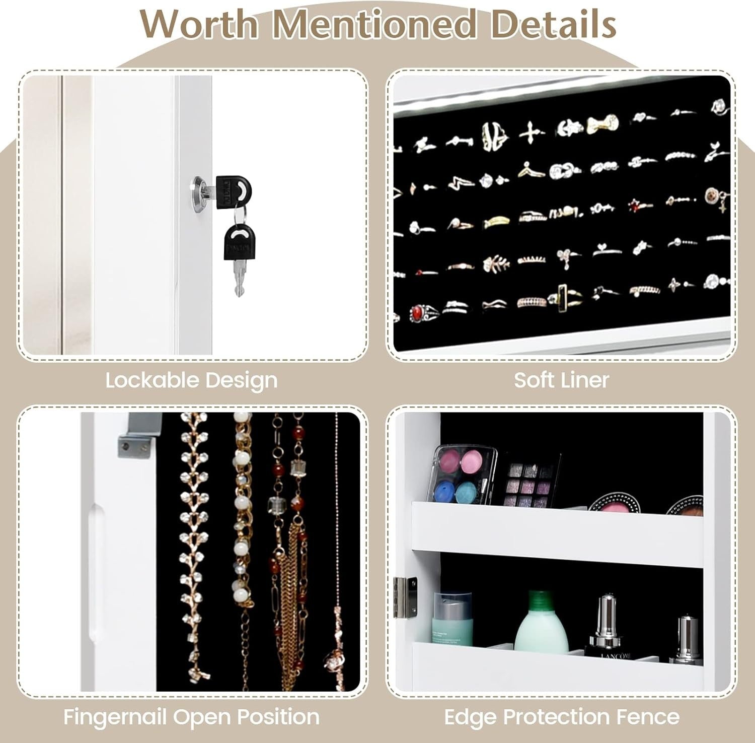 White LED Mirror Jewelry Cabinet Wall or Door Mount Lockable Storage