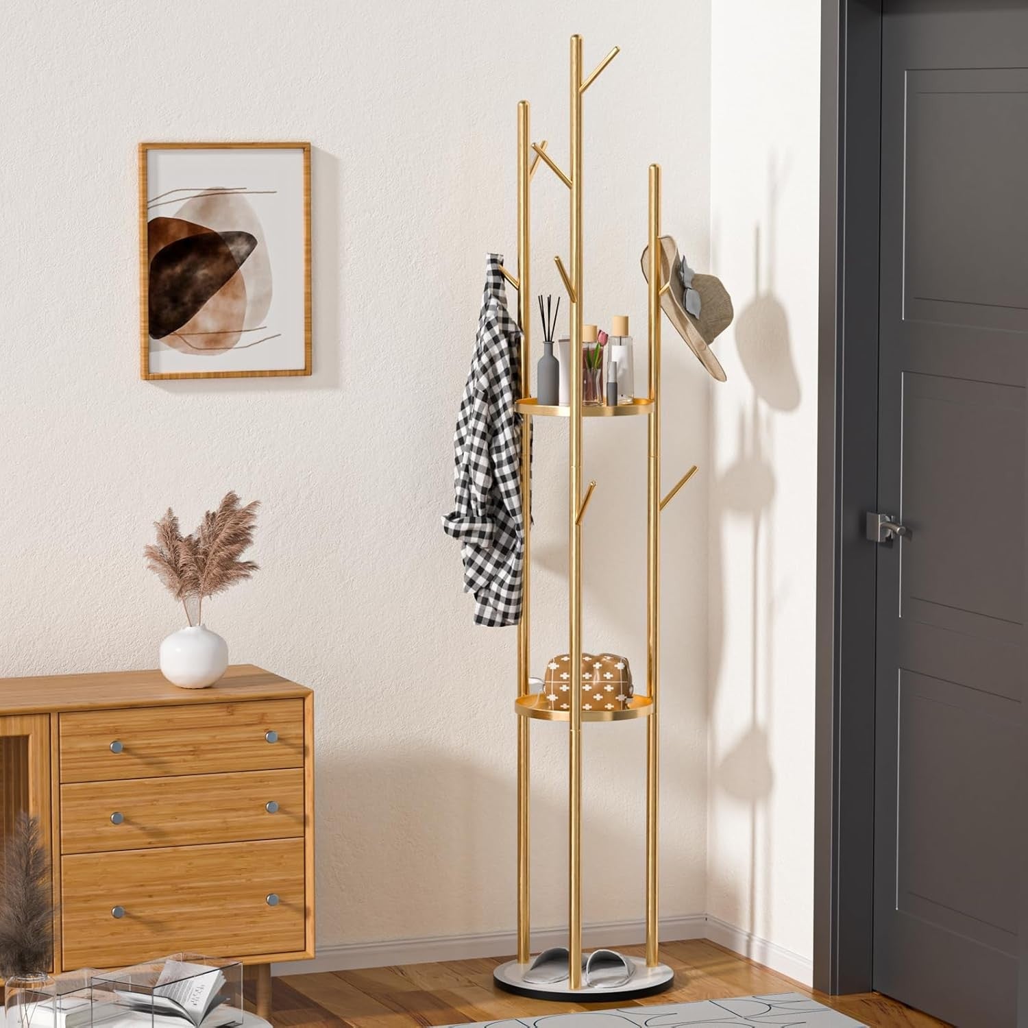 Freestanding Gold Coat Rack with Marble Base | 3 Shelves & Multi Hooks Stand