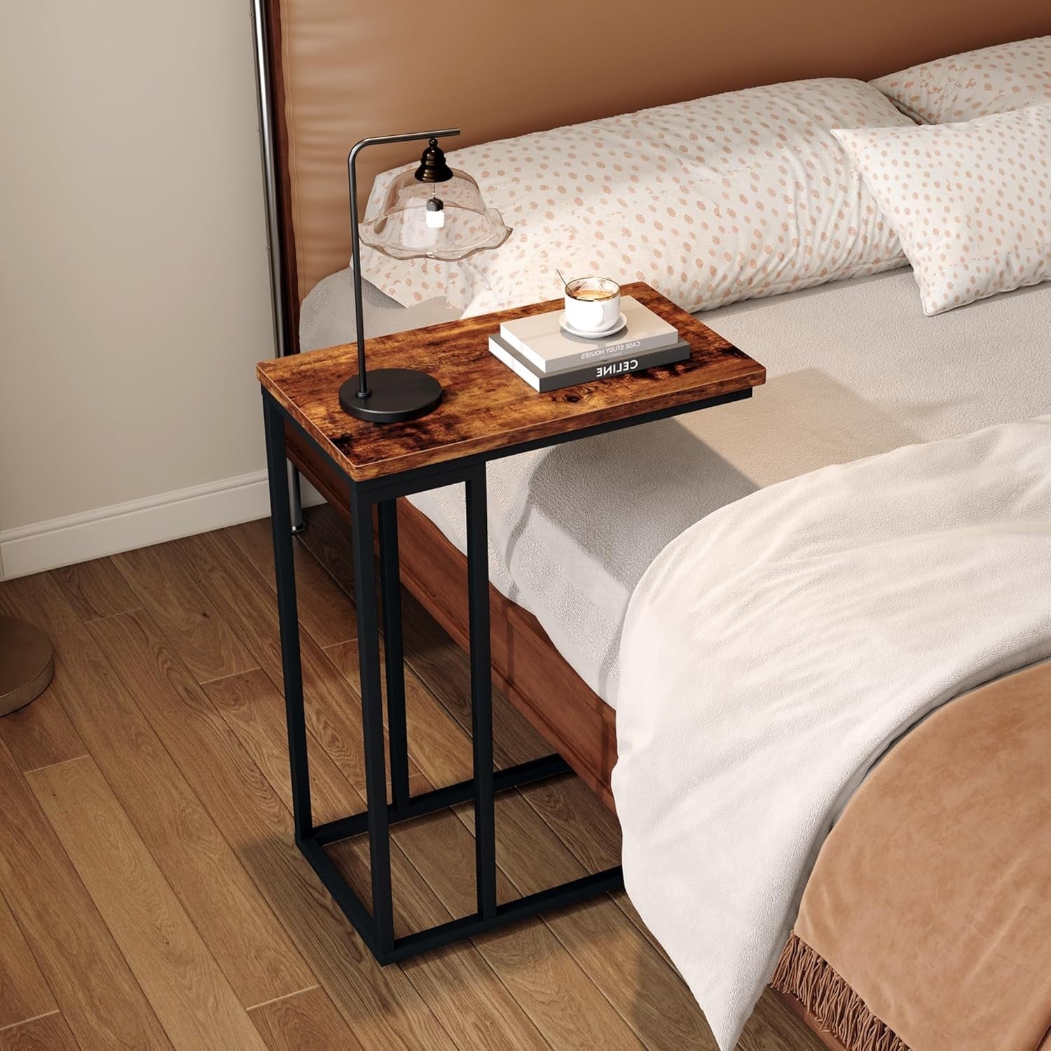 Slim C-Shaped Side Table for Sofa Bed, Rustic Brown Laptop & Snack Tray