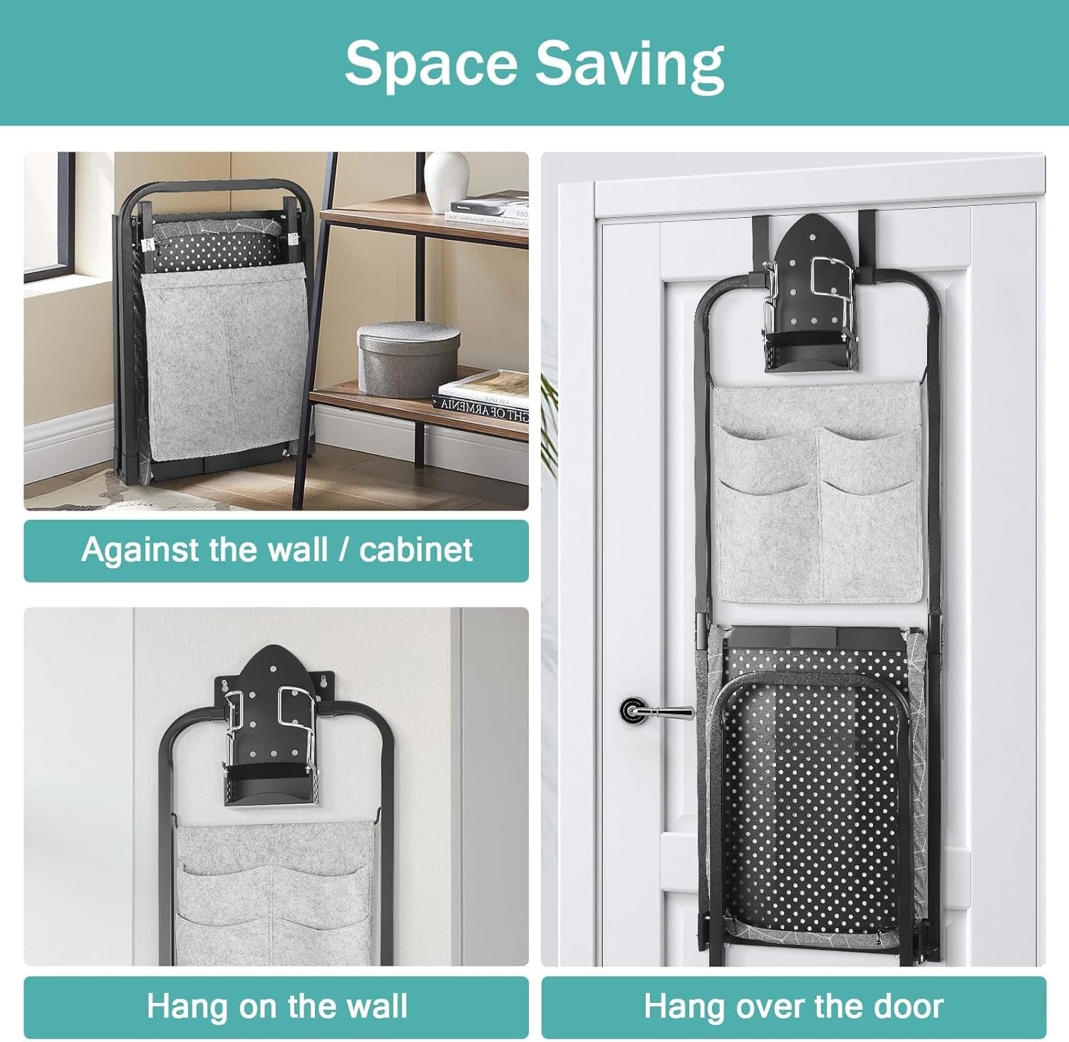 Over Door Ironing Board Space Saving Hanging Foldaway with Iron Holder