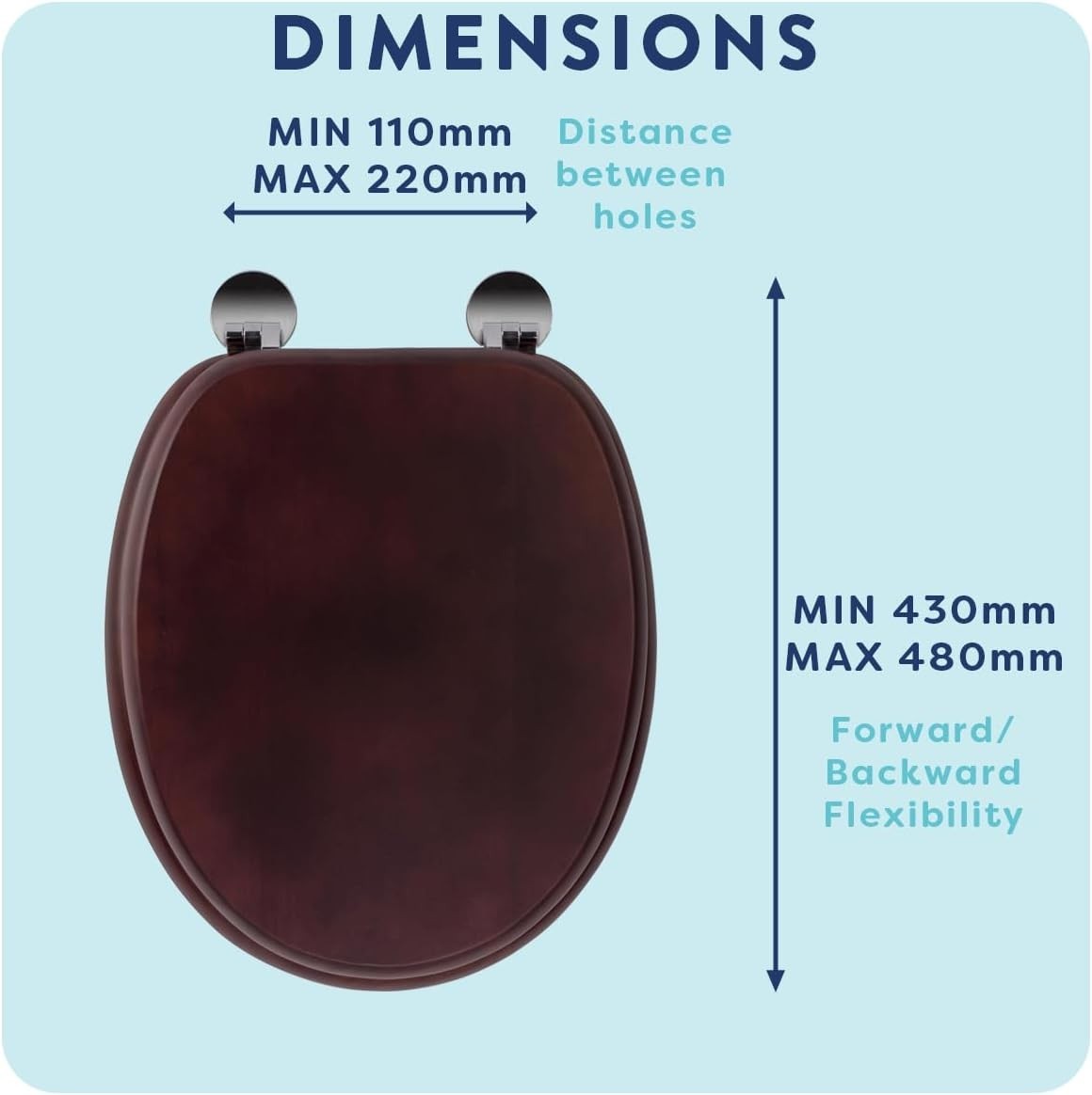 Mahogany Wooden Toilet Seat Flexi-Fix Adjustable Hinges Antibacterial