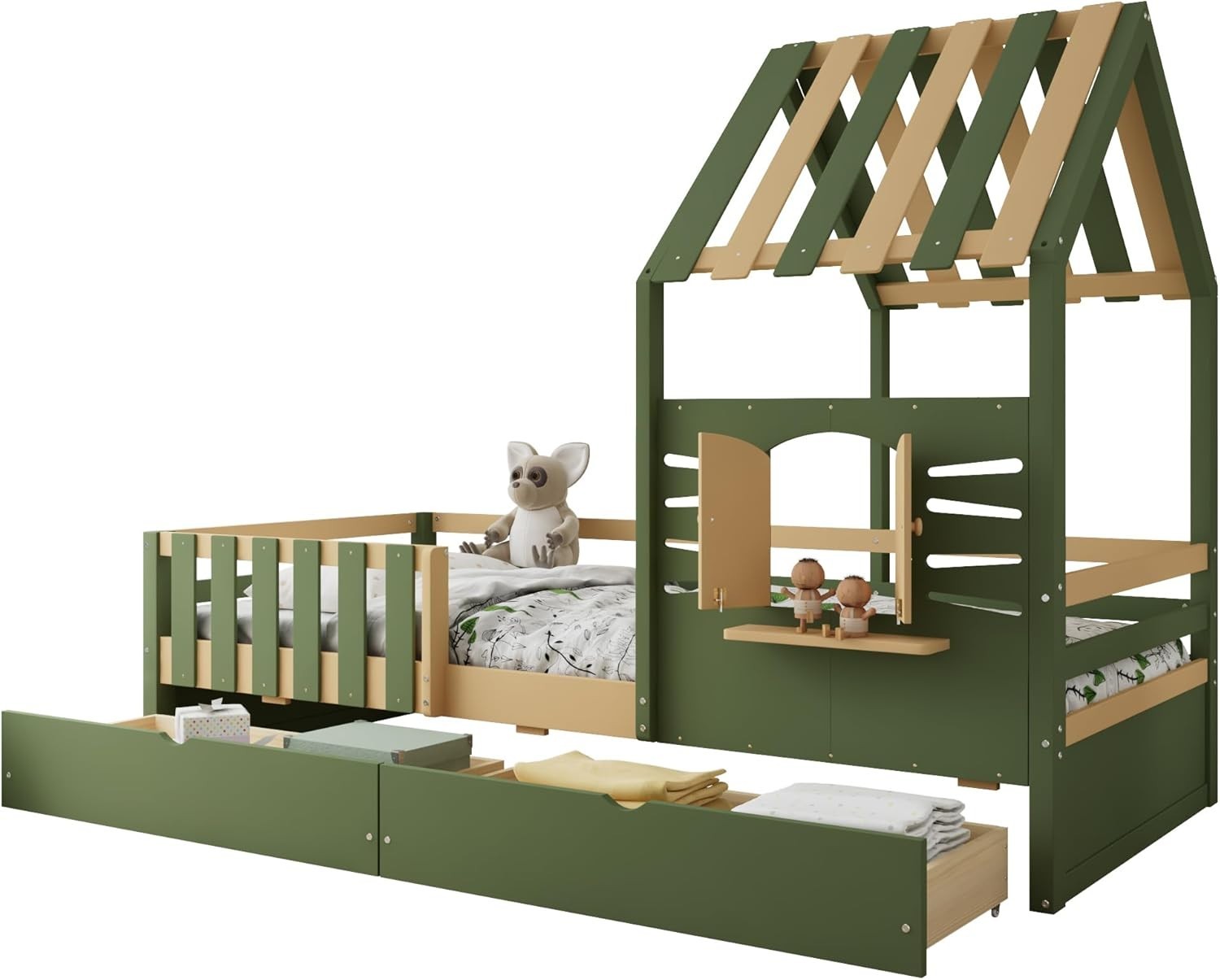 Wooden Kids Bed Frame with Roof Design & Storage Drawers 3FT 90x190cm