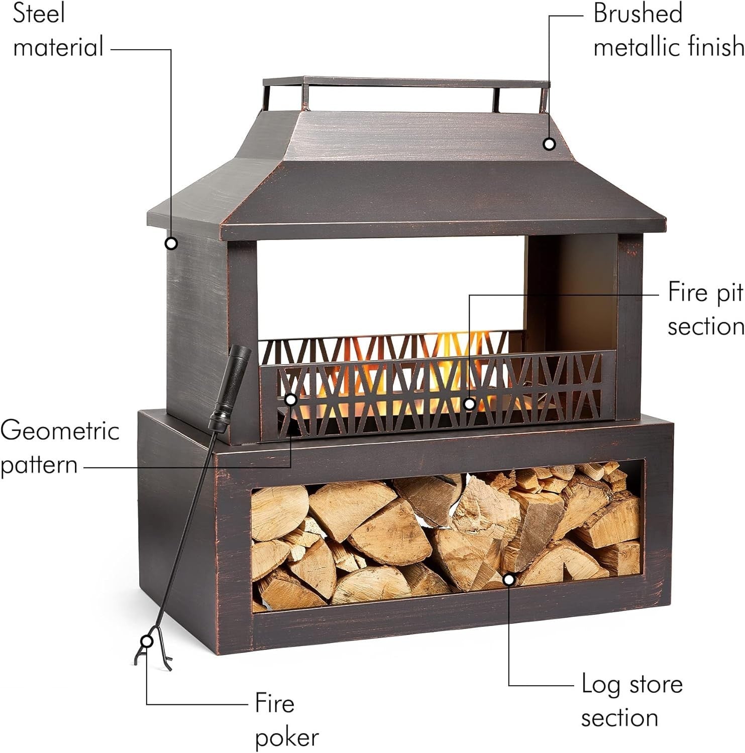 Outdoor Metal Fire Pit Fireplace with Wood Storage & Poker for Garden Patio