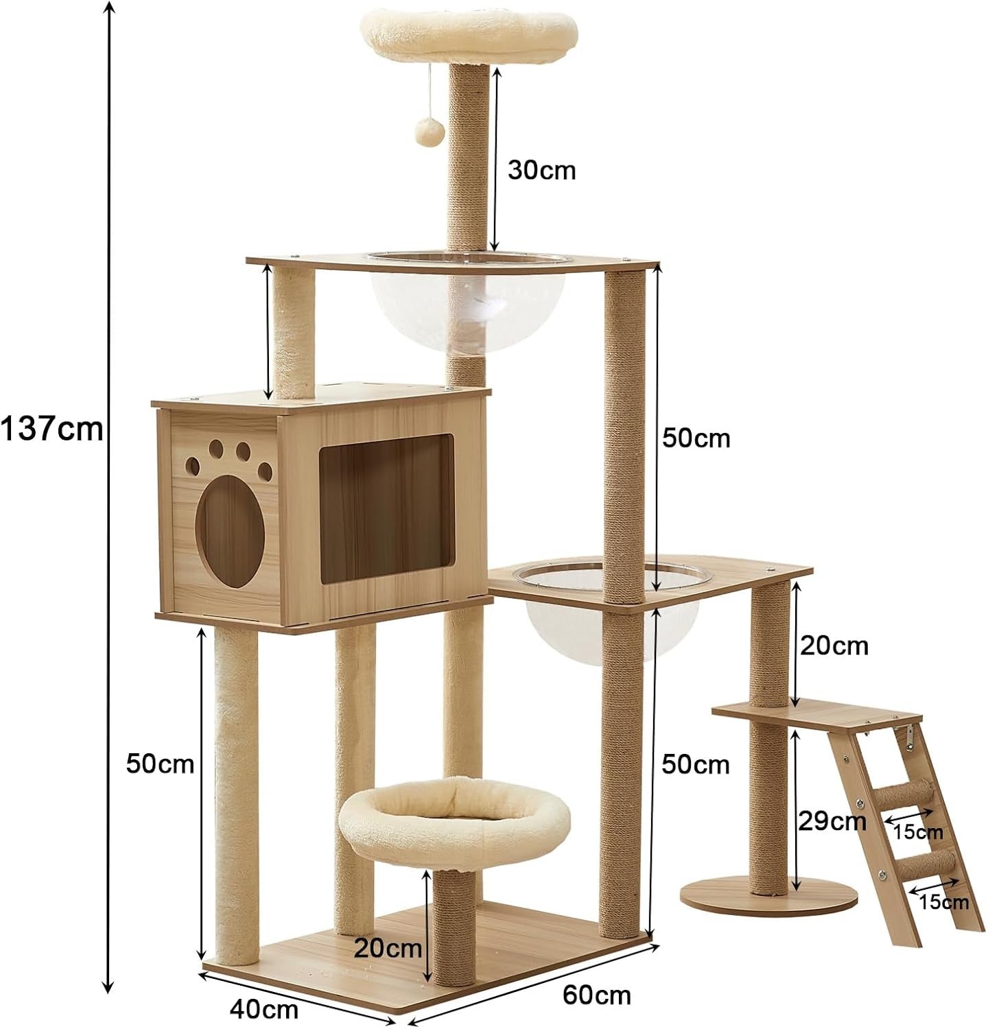 137cm Cat Tree Tower Condo Bowls Ladder Plush Perches Scratching Posts