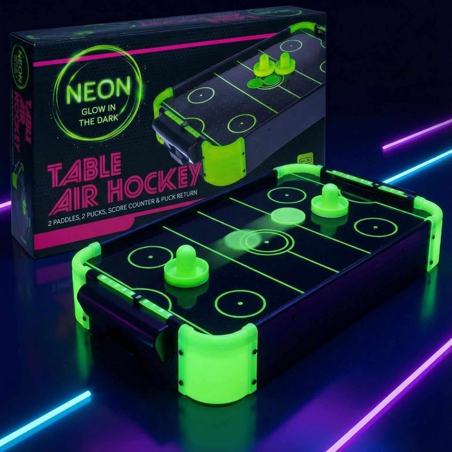 Glow in the Dark Tabletop Air Hockey Game Neon Arcade Fun