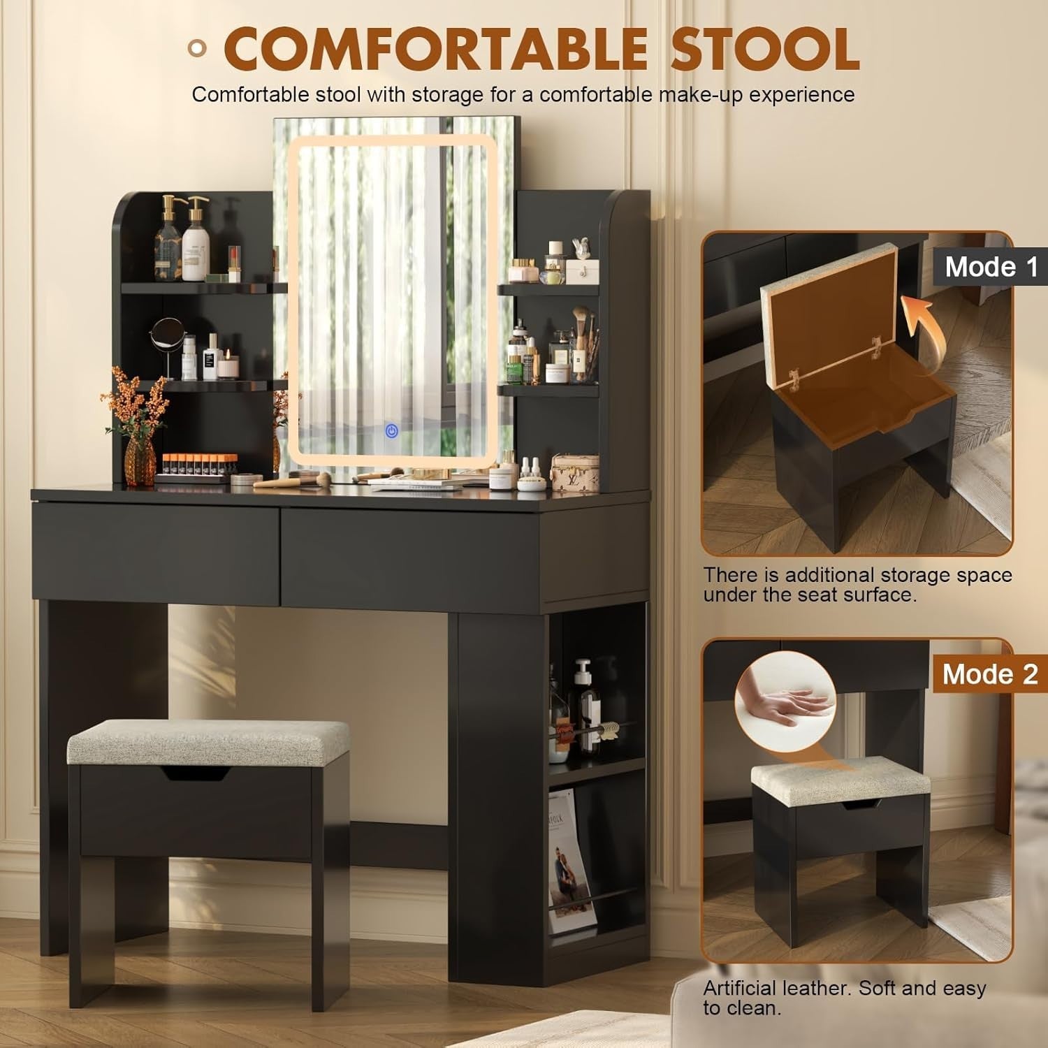 LED Dressing Table Makeup Vanity Set with Drawers Stool Mirror Bedroom Black