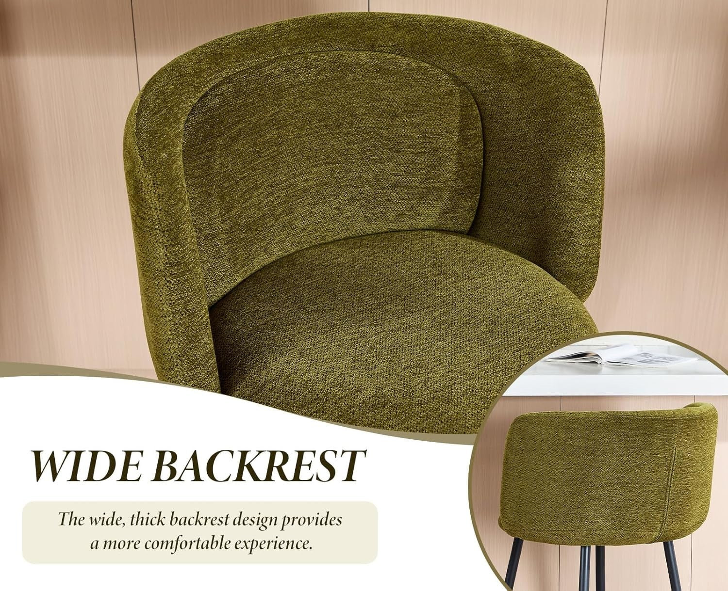 Counter Bar Stools Set of 2 | Green Chenille L-Shaped Dining Chairs