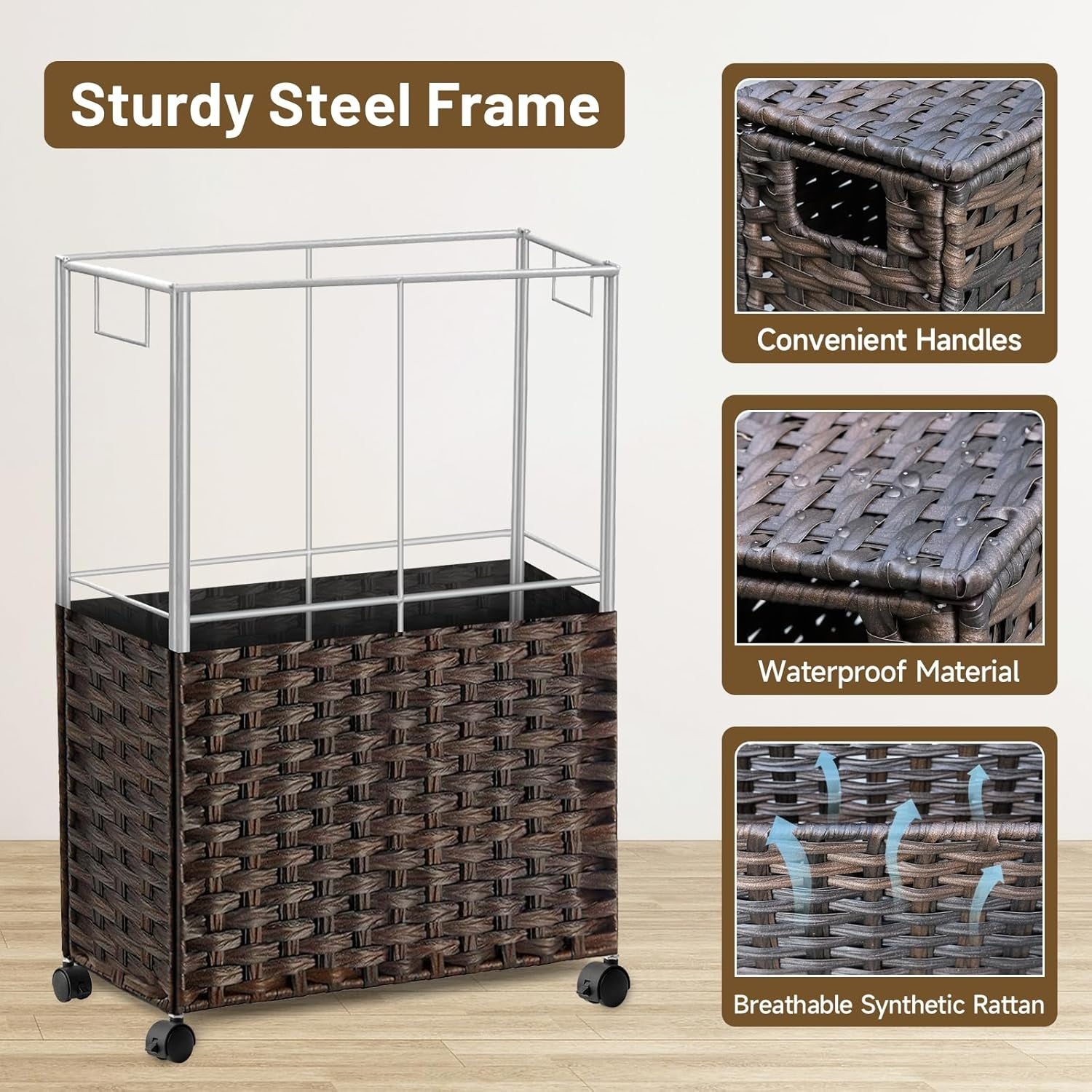 70L Slim Rattan Laundry Hamper with Wheels 2 Removable Bags Tall Basket Brown