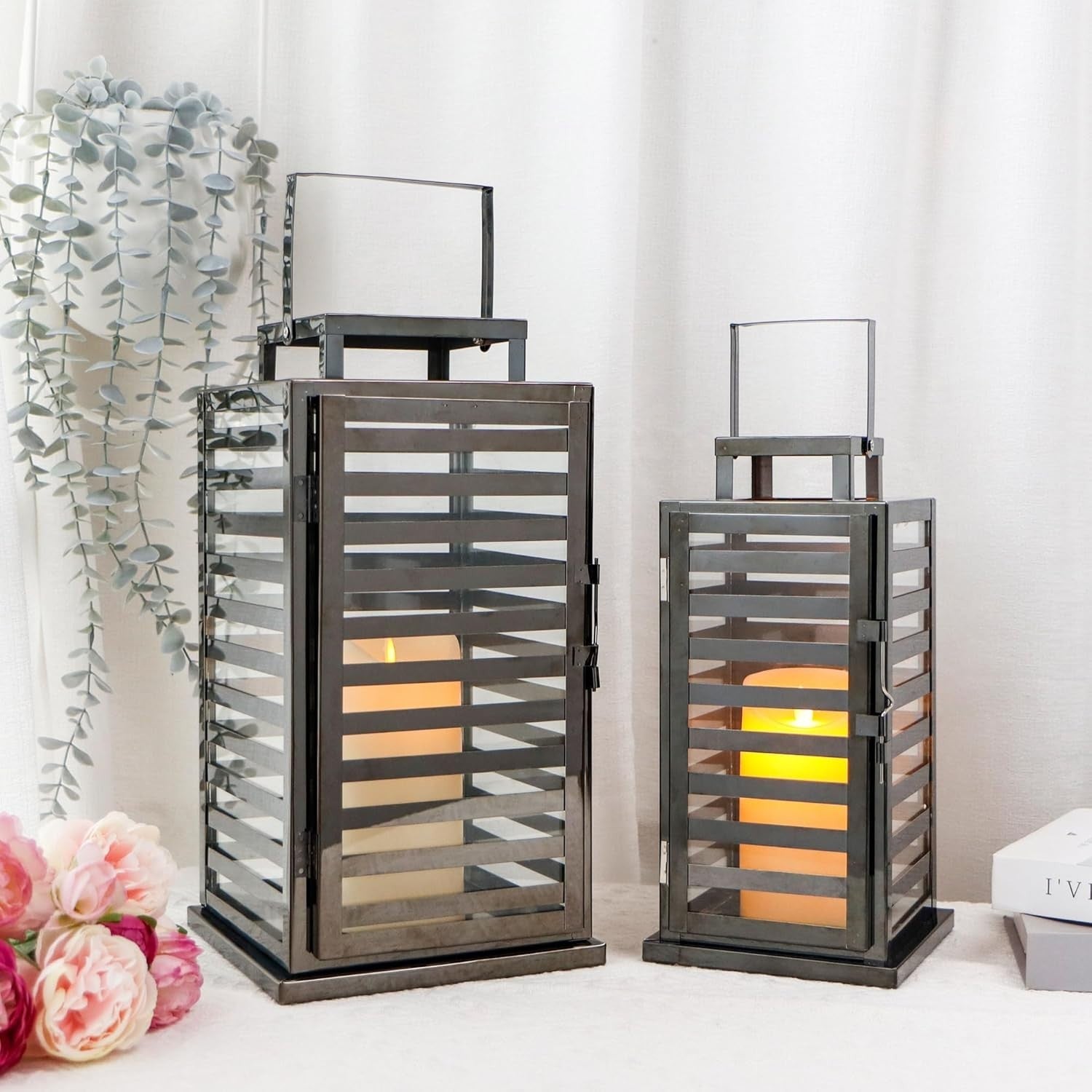 Set of 2 Black Stainless Steel Candle Lanterns 38 cm