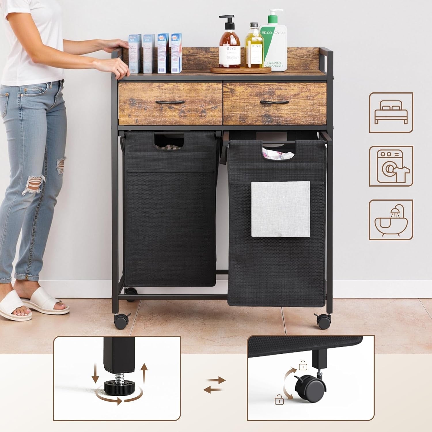 2 Section Laundry Hamper with Drawers 100L Sorter Wheels Rustic Brown Black