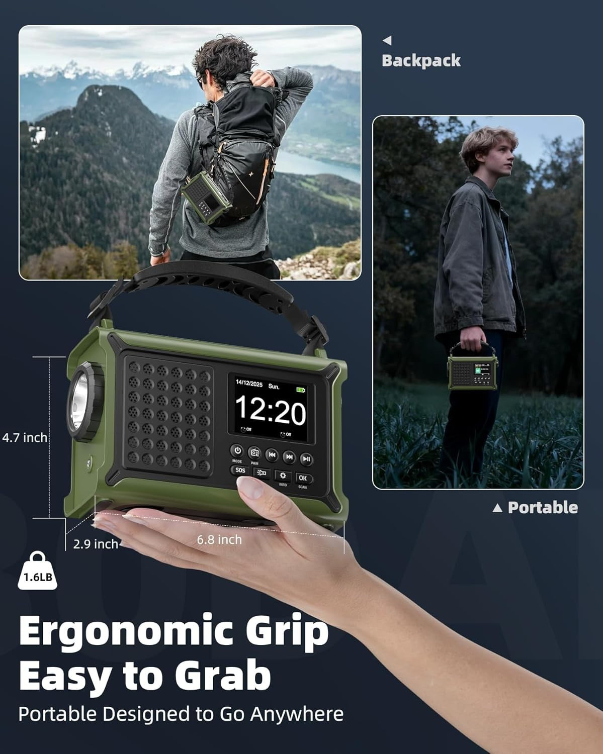 DAB+ Solar Wind Up Emergency Radio 12000mAh Bluetooth Torch