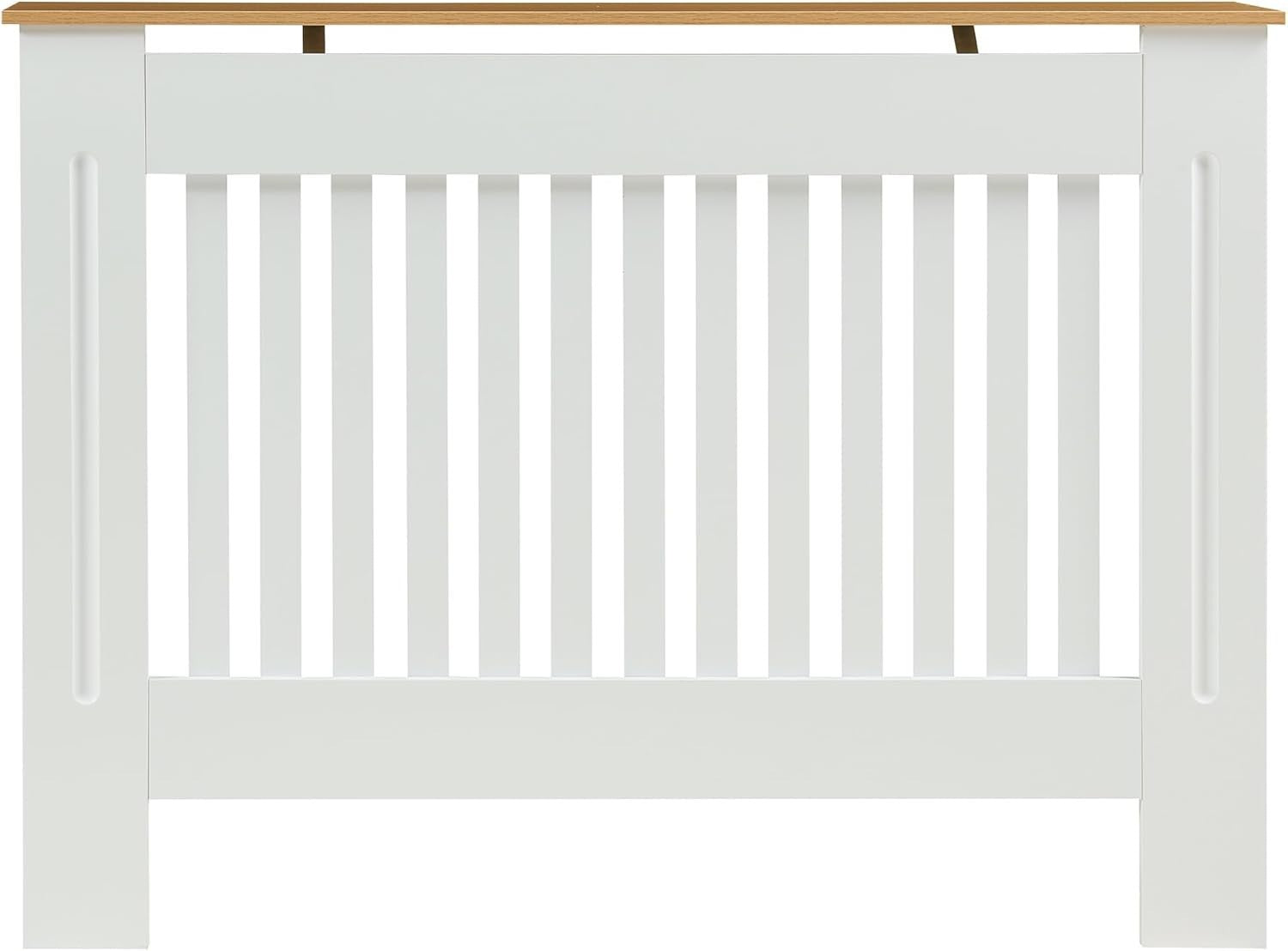 Medium White Radiator Cover 112cm Wood Top Modern Slatted Heating Cabinet