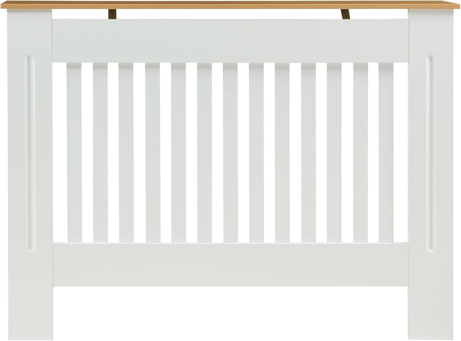 Medium White Radiator Cover 112cm Wood Top Modern Slatted Heating Cabinet