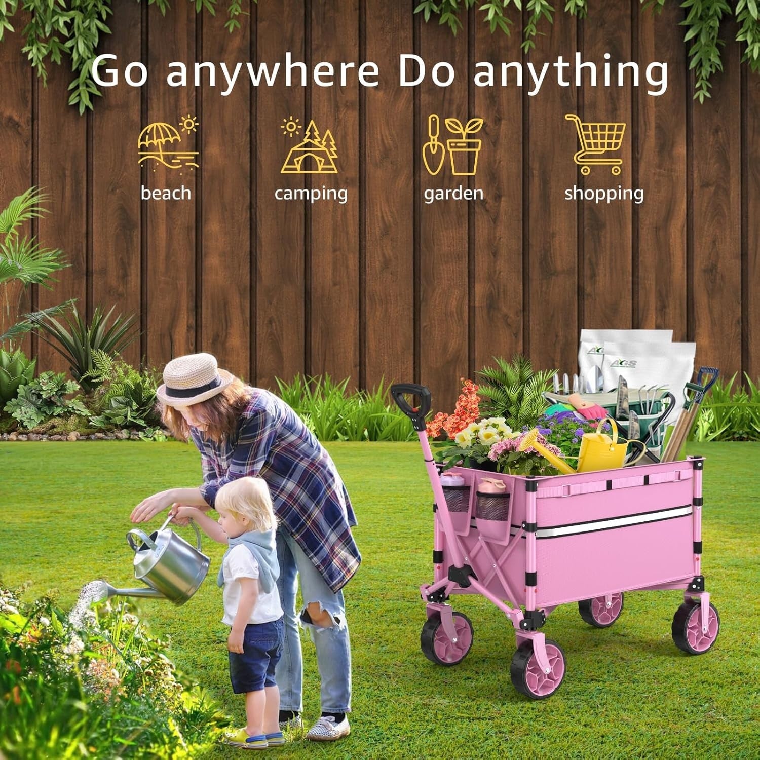 Collapsible Folding Wagon Cart Heavy Duty Utility Trolley with Wheels 120L Pink