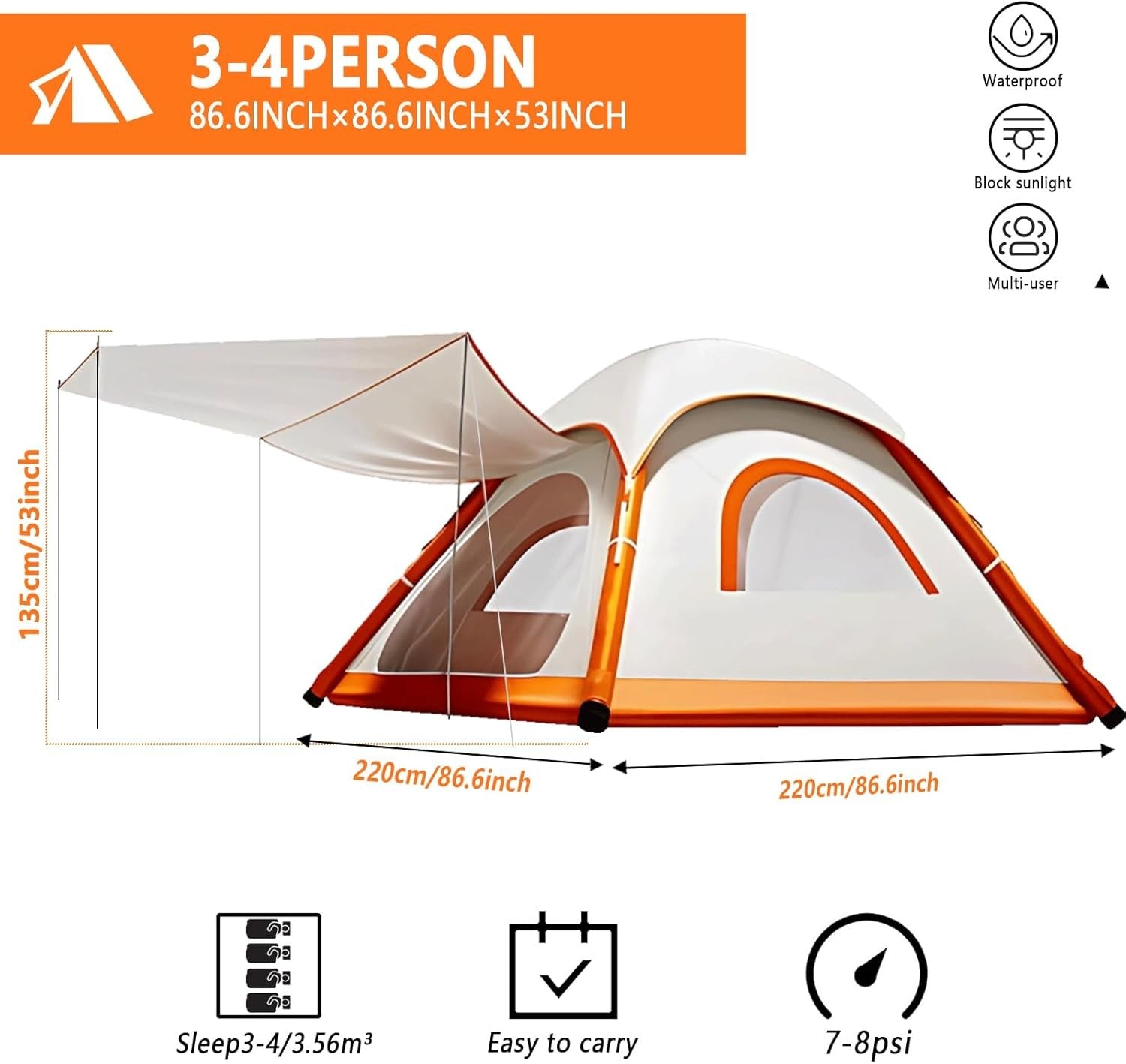 4 Person Inflatable Camping Tent Waterproof Pop Up with Pump