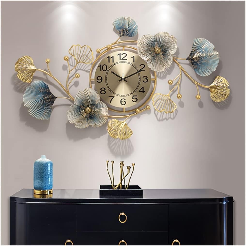 Large Silent Ginkgo Leaf Wall Clock 83x48cm Modern Iron Quartz