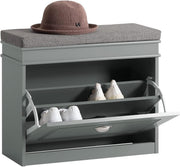 Narrow Shoe Storage Bench with Flip Drawer & Grey Cushion, 61x24x51 cm