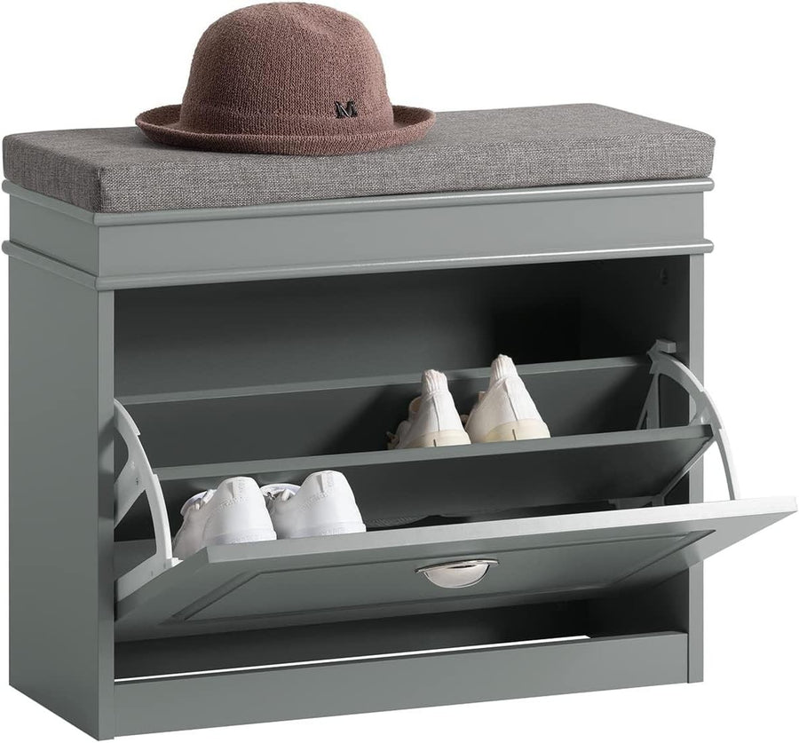 Narrow Shoe Storage Bench with Flip Drawer & Grey Cushion, 61x24x51 cm
