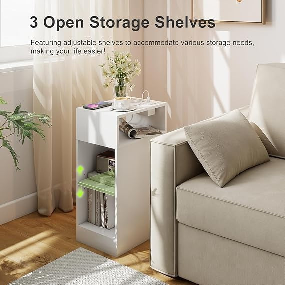 Slim White Bedside Table with Charging Ports & 3 Shelves, Modern Narrow