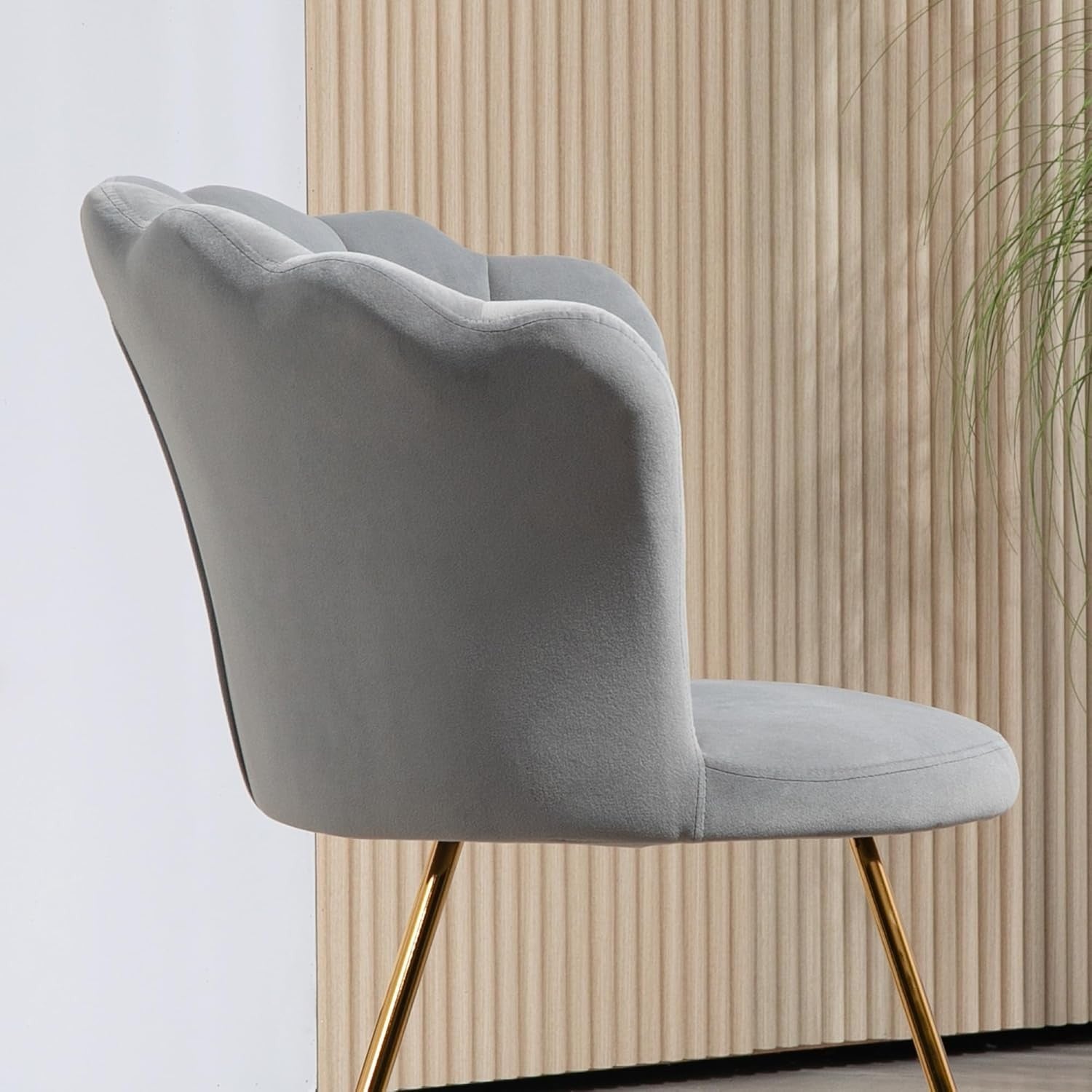 Grey Velvet Tufted Armchair Lotus Backrest Tub Chair Steel Legs