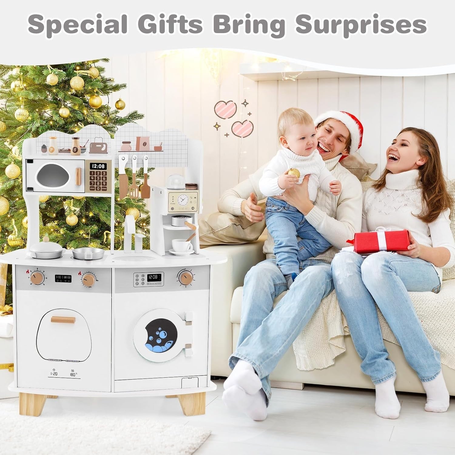 Kids Wooden Play Kitchen w/ Coffee Maker Microwave White Toy