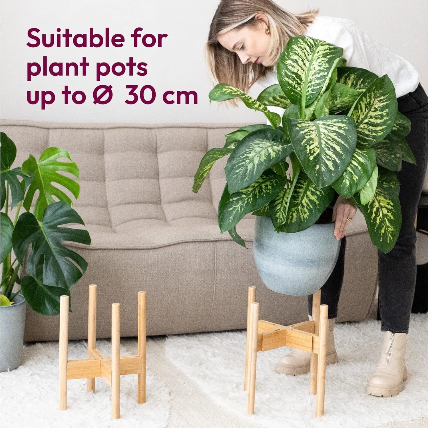 Set of 2 Adjustable Bamboo Plant Stands, Wooden Flower Pot Holders Indoor & Outd