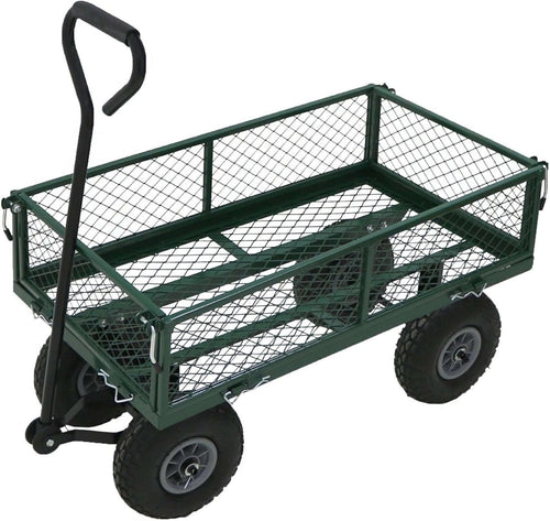 Heavy Duty Metal Garden Trolley Cart Green Mesh Wagon 400kg Capacity All Terrain