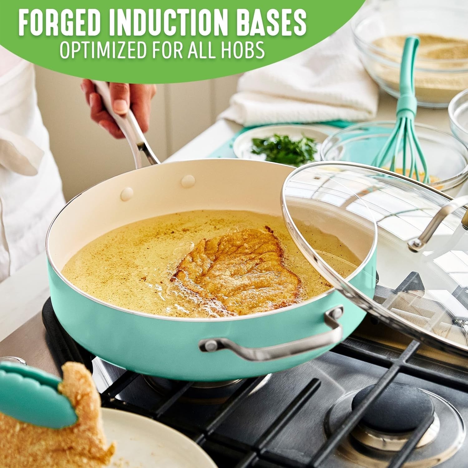 30cm Turquoise Ceramic Saute Pan Non Stick 4.8L With Lid Induction PFAS Free