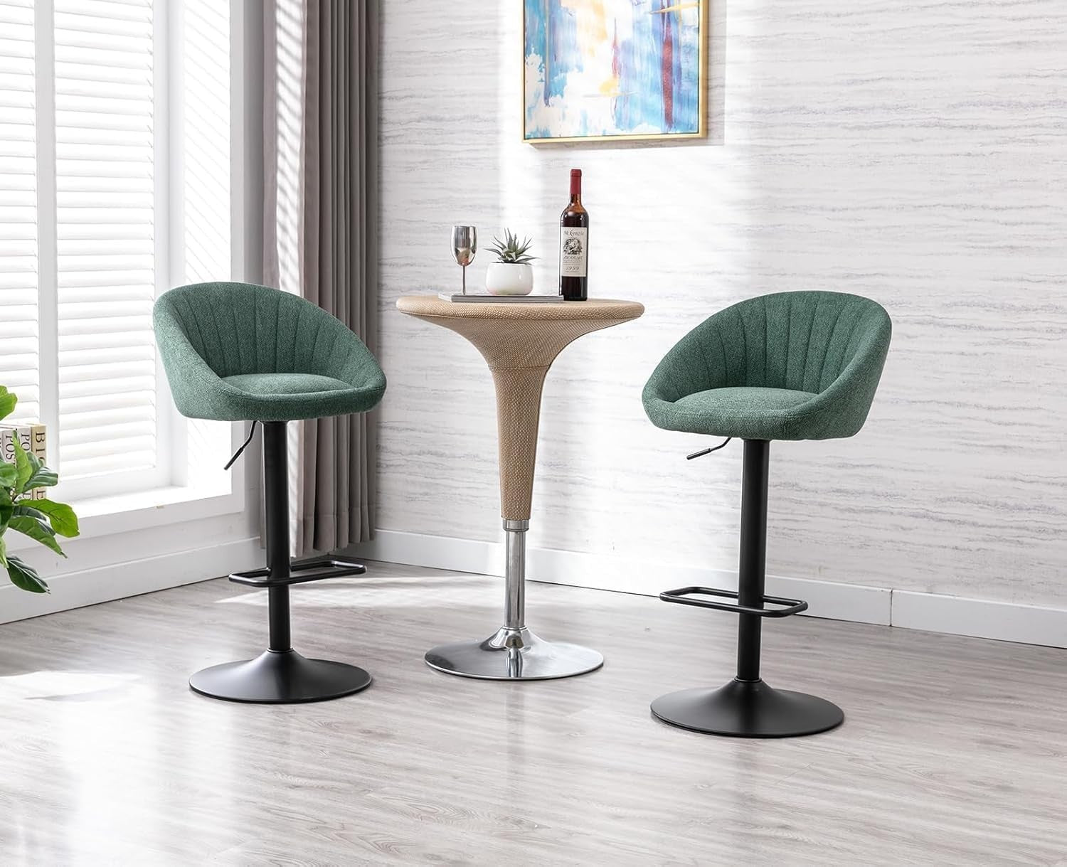 Set of 4 Green Fabric Bar Stools Adjustable Swivel Counter Chairs