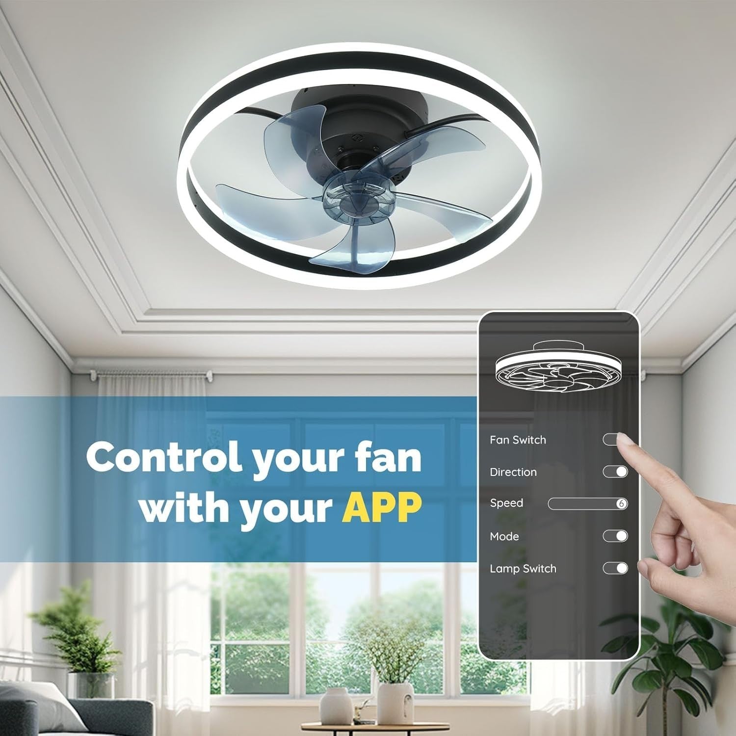 20" Ceiling Fan Light, 6 Speeds, Reversible, Smart Dimmable LED, App, Remote