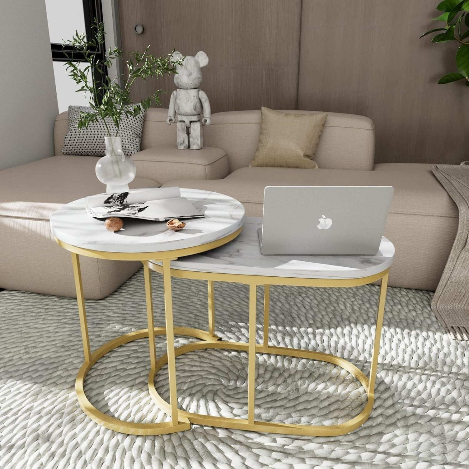 2-Piece Nesting Coffee Tables Set Marble Top Metal Frame Space Saving