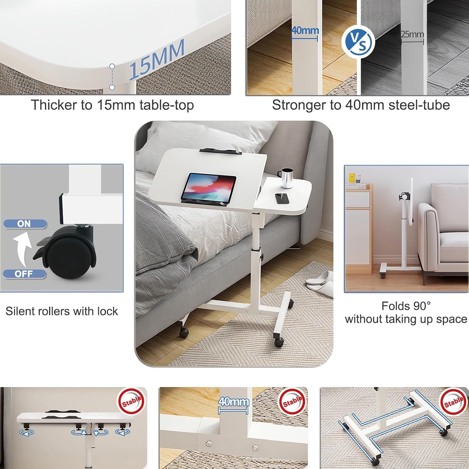 White Adjustable Side Table with Wheels C Shape Sofa Laptop Desk 360° Rotate