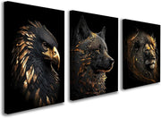 Set of 3 Black Gold Animal Canvas Wall Art 12x16 Framed Wolf Lion Eagle