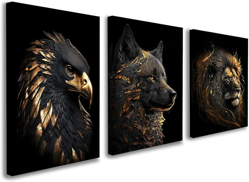Set of 3 Black Gold Animal Canvas Wall Art 12x16 Framed Wolf Lion Eagle