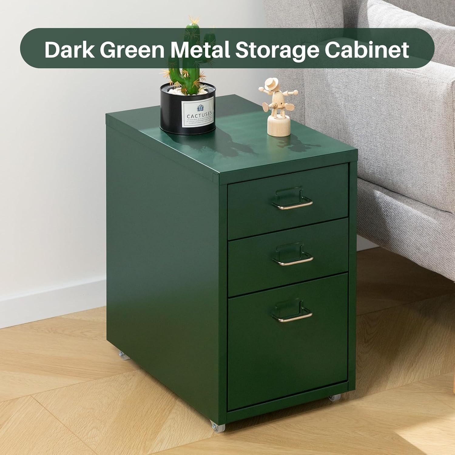 Dark Green Metal Rolling Drawer Cabinet 3 Tier Under Desk Storage