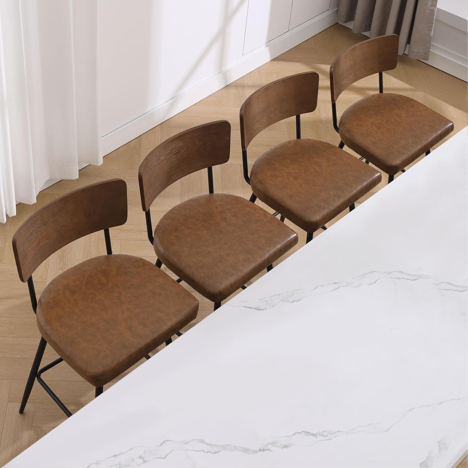 Swivel Bar Stools Set of 4 | PU Leather Counter Chairs Wood Back