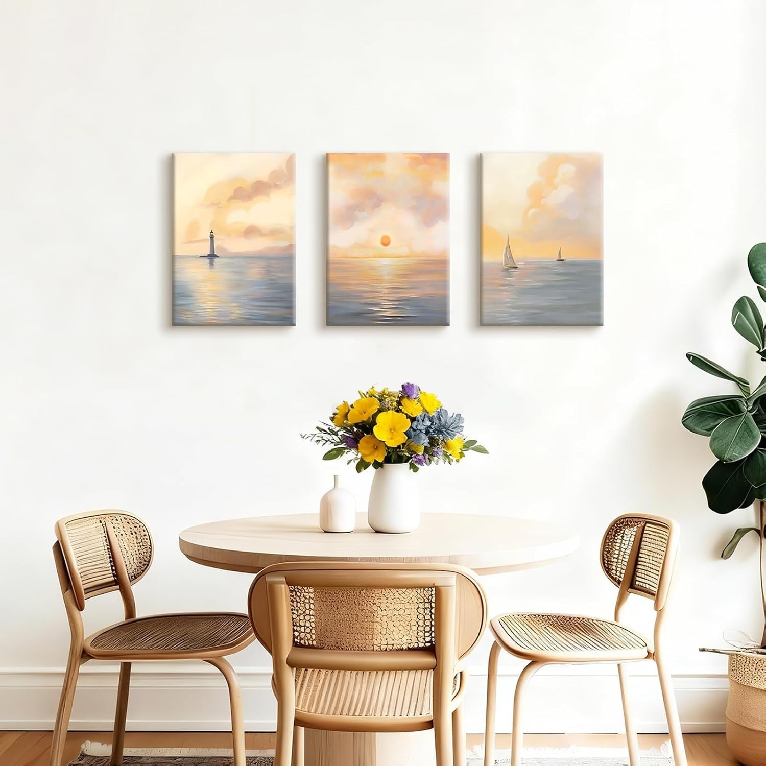 Ocean Sunrise Canvas Wall Art Set 3 Framed 30x40cm